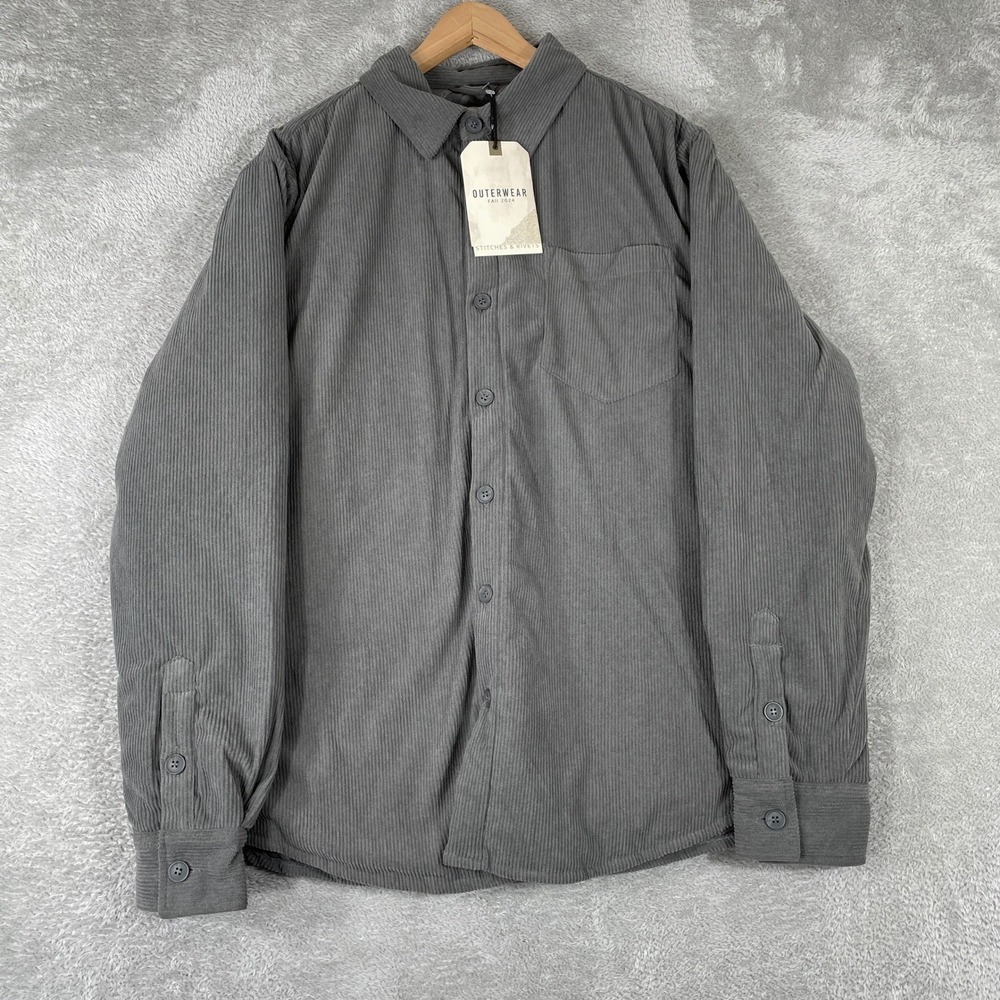 Stitches & Rivets Corduroy Shacket Mens Large Grey Quilted Lined Shirt Jacket